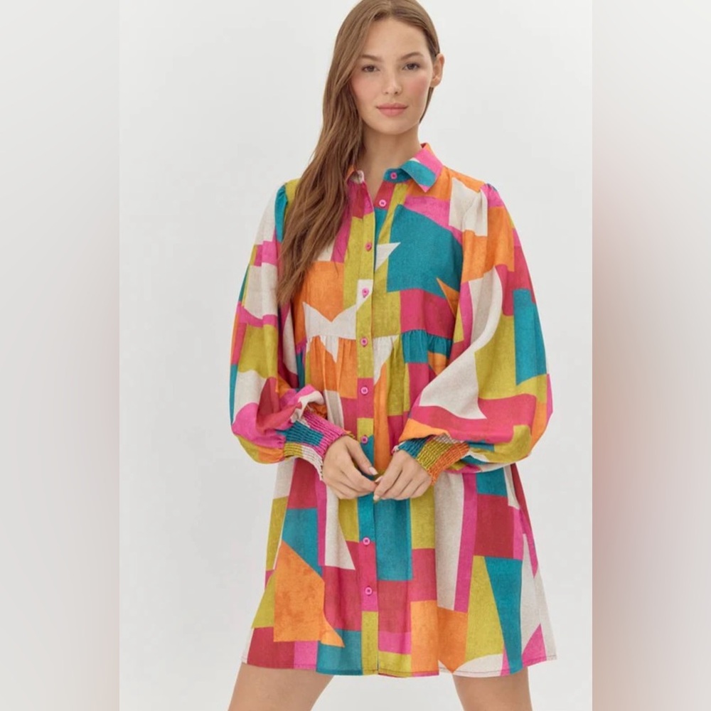 NWT Jodifl Multi Colored Abstract Print Baby Doll Dress Size Small